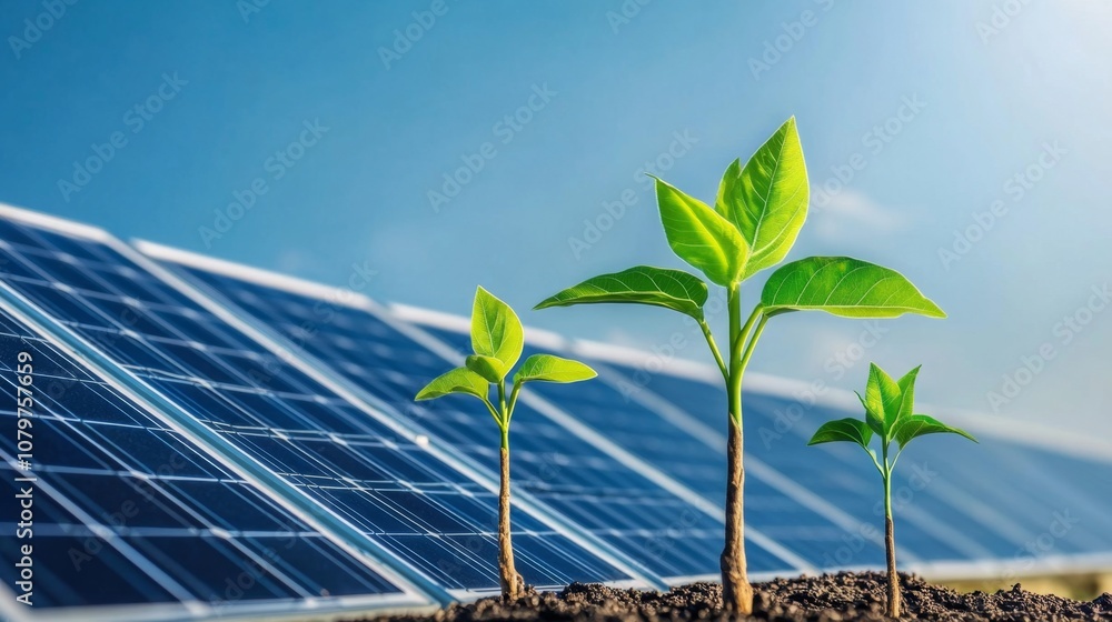 Fototapeta premium Green Investments: Solar Panels Amid Rising Stock Market Graphs for Renewable Energy Ventures