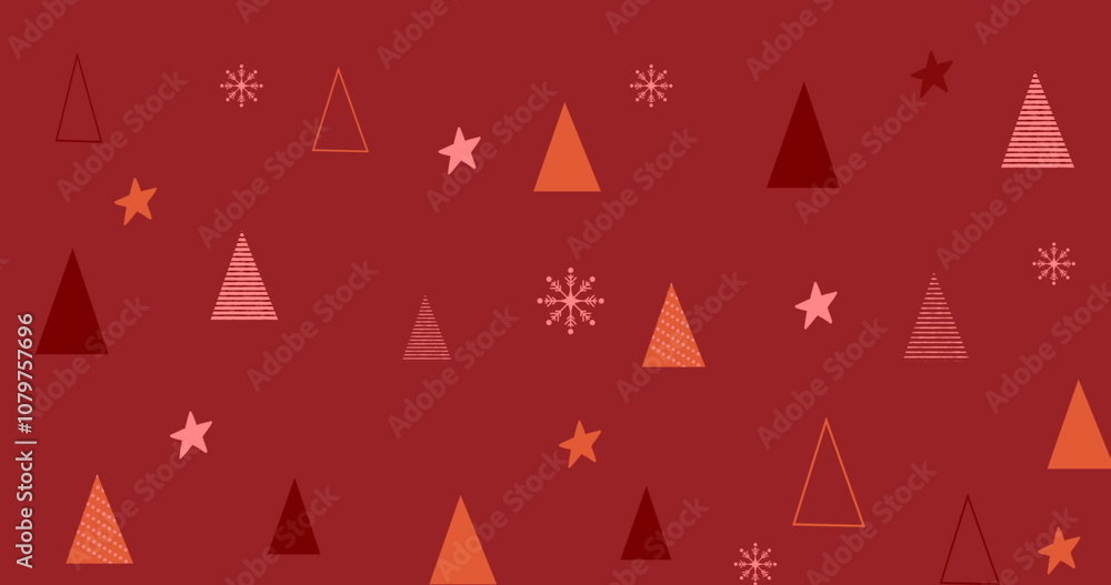 Naklejka premium Image of stars and christmas trees over red background