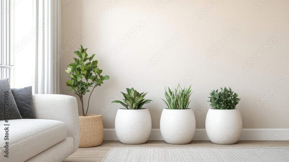 Living room with soft neutral colors, potted plants in each corner, and a warm, cozy ambiance created by soft lighting neutral living room, cozy greenery Living room with soft neutral colors, potted plants in each corner, and a warm, cozy ambiance created by soft lighting neutral living room, cozy greenery