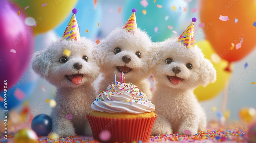 Three adorable dogs in party hats with a birthday cupcake Three adorable dogs in party hats with a birthday cupcake
