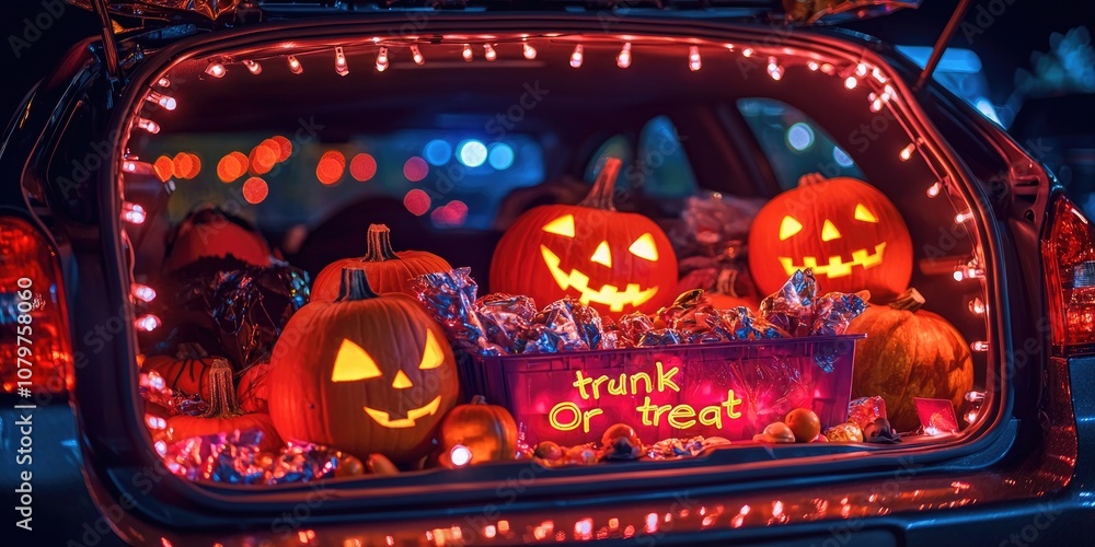 © Pech - A car trunk decorated for a Halloween 'trunk or treat' event, with lights, pumpkins, and candy for kids.