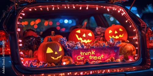 A car trunk decorated for a Halloween 