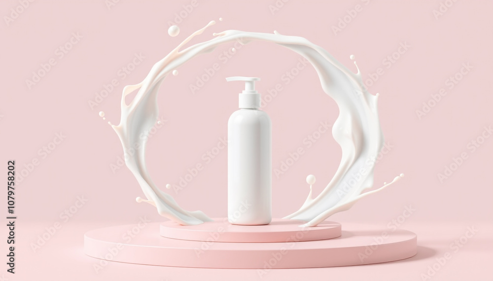Body Lotion Mockup Bottle with Cream Splash on Pink Background for Advertising, Modern Advertisement Concept. Body Lotion Mockup Bottle with Cream Splash on Pink Background for Advertising, Modern Advertisement Concept.