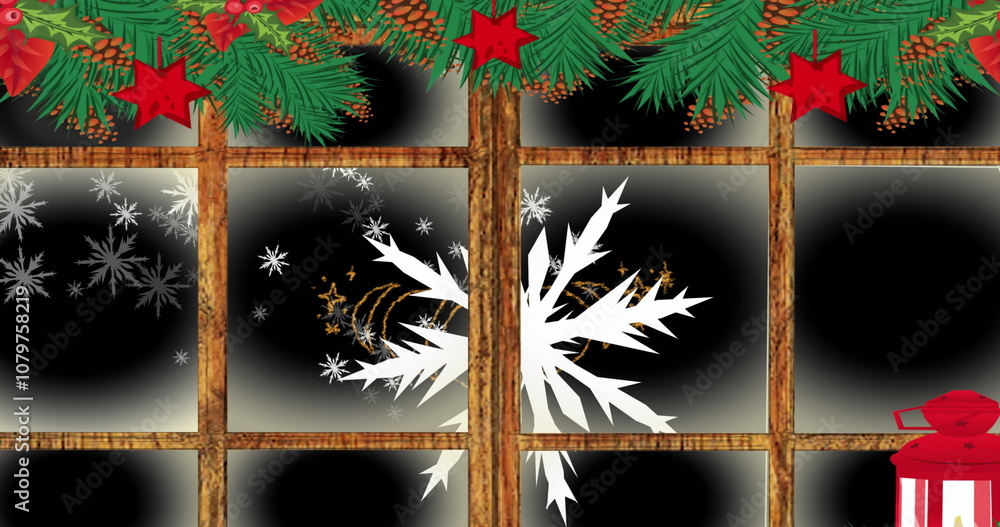 Fototapeta premium Image of snow falling over christmas decorations in window