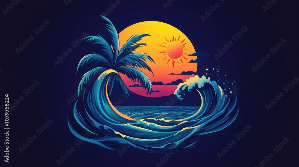 Sunset Waves with Palm Tree Sunset Waves with Palm Tree