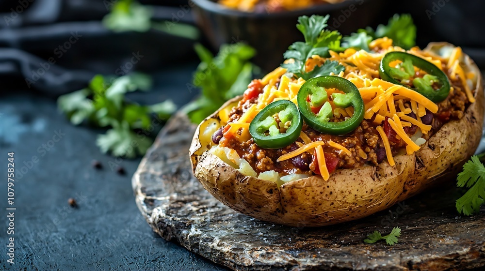Salty Roasted Spicy, Stuffed Baked Potato with Spicy Chili,Cheddar Cheese,and Jalapeos on Rustic Stone Plate Salty Roasted Spicy, Stuffed Baked Potato with Spicy Chili,Cheddar Cheese,and Jalapeos on Rustic Stone Plate