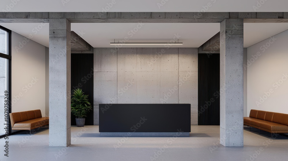 Lobby with an industrial reception desk, leather seating, and concrete pillars supporting exposed steel beams industrial lobby, exposed beams Lobby with an industrial reception desk, leather seating, and concrete pillars supporting exposed steel beams industrial lobby, exposed beams