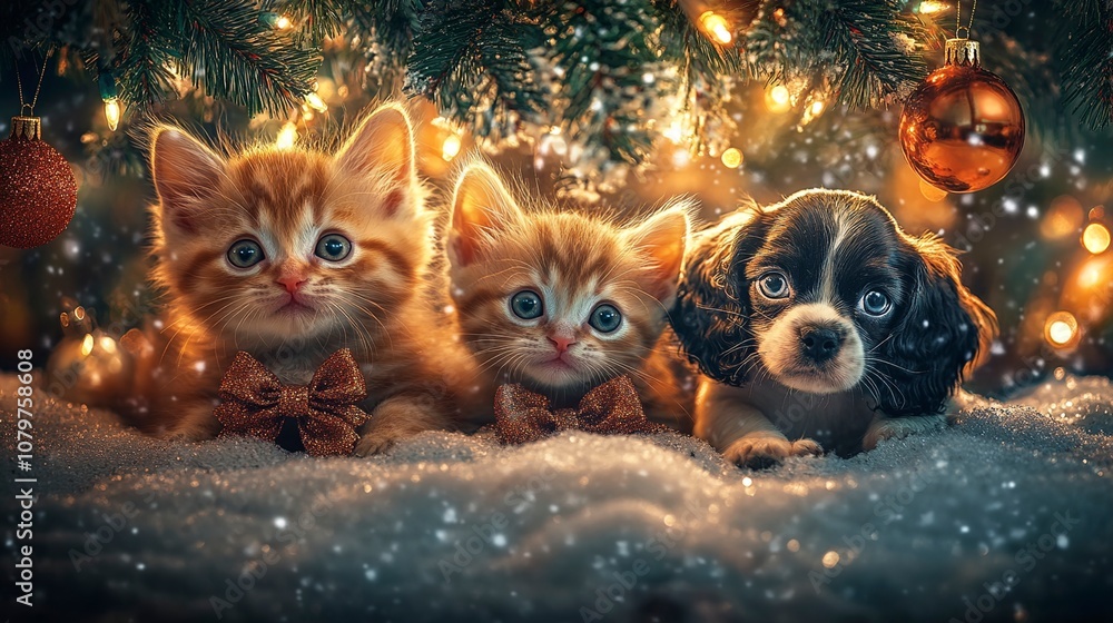 Fototapeta premium Cute Kittens and Puppy Under Christmas Tree