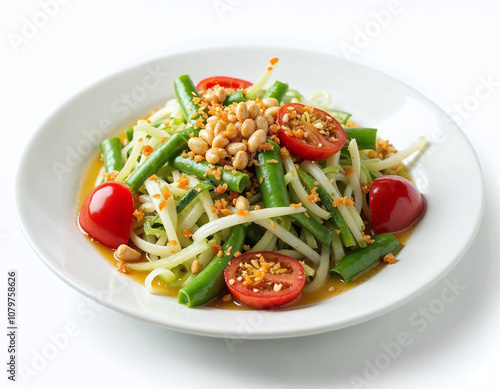 Green papaya salad prepared with fine slices of papaya, tomatoes, green beans and peanuts.Traditional Thai food.isolated on white background