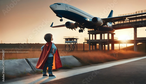A little boy wearing a superhero cape stands near the runway, looking up at the airplane taking off1