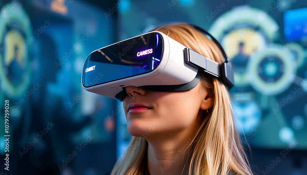 Person immersed in a virtual world with VR headset, experiencing augmented reality elements. Person immersed in a virtual world with VR headset, experiencing augmented reality elements.