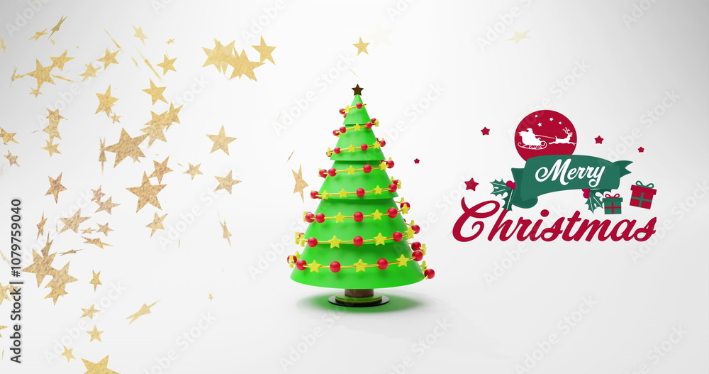 Fototapeta premium Image of christmas greetings text over christmas tree and stars decorations