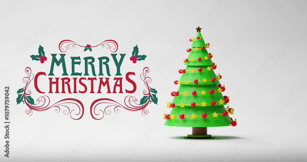 Image of christmas greetings text over christmas tree and decorations Image of christmas greetings text over christmas tree and decorations