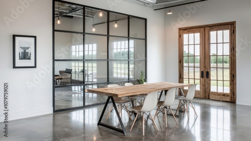 Meeting room with steelframed glass walls, a raw wood table, and exposed concrete floors for a modern industrial feel   meeting room, glass and steel photo