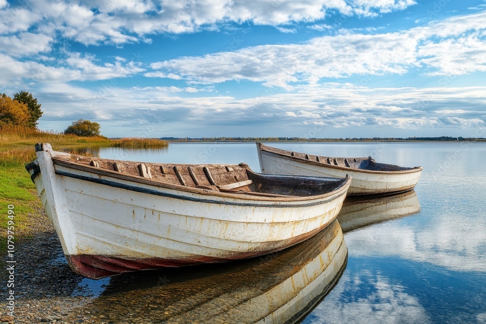 Two white wooden boats on a calm lake shore with blue sky and clouds. Two white wooden boats on a calm lake shore with blue sky and clouds.