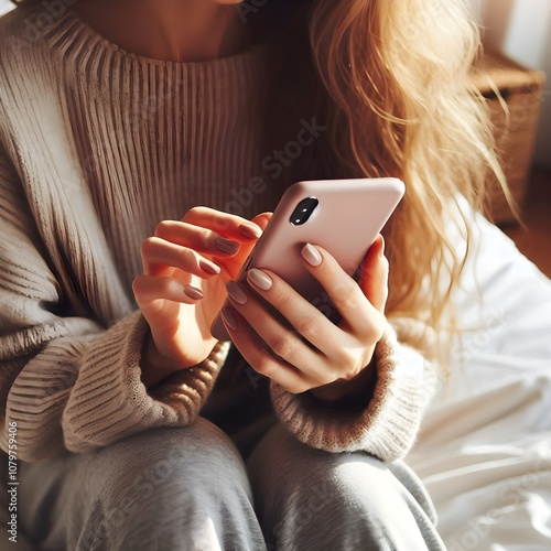 A woman is using her phone on her bed