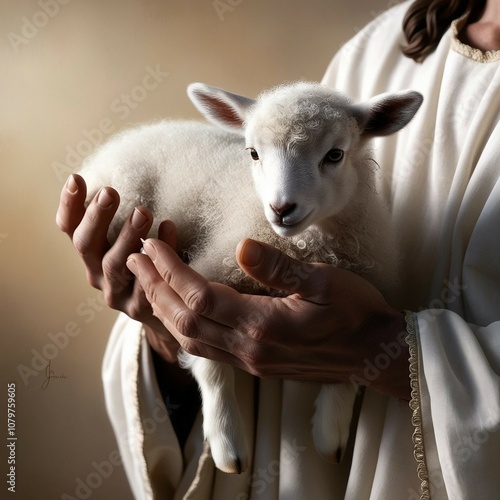 The Hands of Jesus Christ Holding a Lamb – Symbol of Divine Protection and Care photo