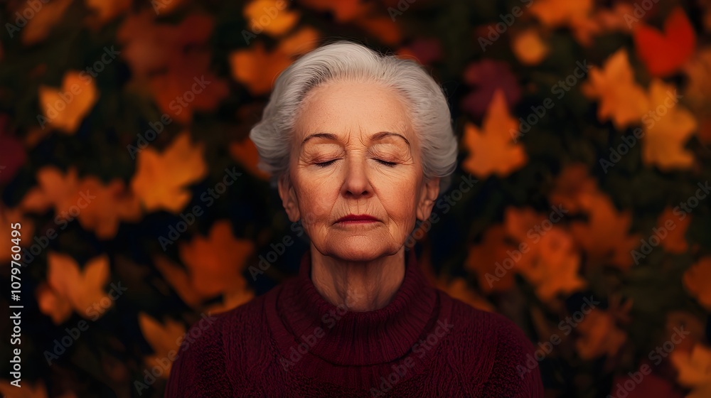 Contemplative Older Woman Meditating Amidst Vibrant Fall Foliage in Tranquil Forest Contemplative Older Woman Meditating Amidst Vibrant Fall Foliage in Tranquil Forest