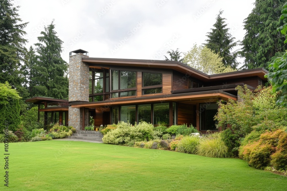 Luxurious modern home nestled in lush green forest landscape Luxurious modern home nestled in lush green forest landscape