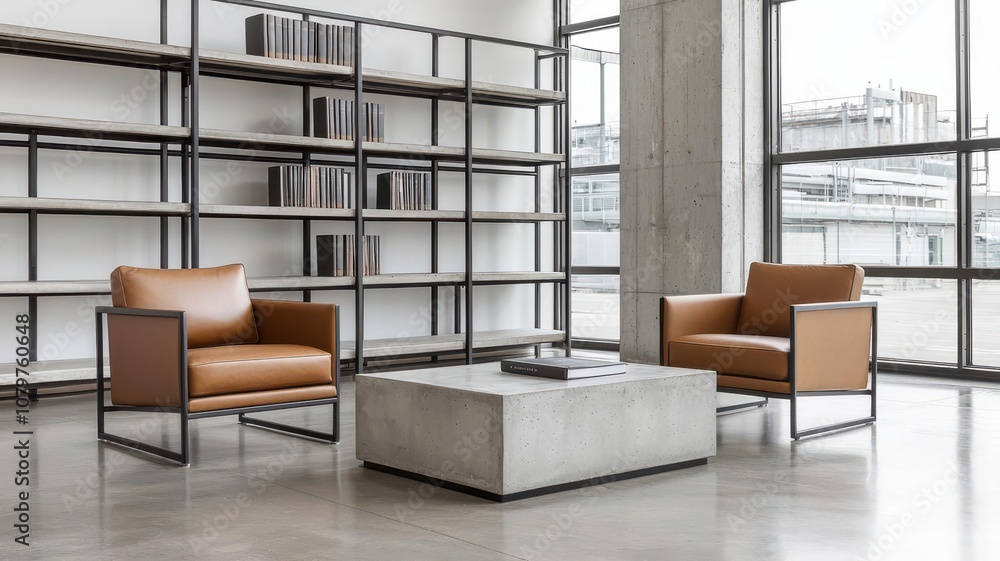 Office lounge area with leather chairs, metal bookshelves, and a concrete coffee table, featuring an industrialchic aesthetic office lounge, industrial chic Office lounge area with leather chairs, metal bookshelves, and a concrete coffee table, featuring an industrialchic aesthetic office lounge, industrial chic