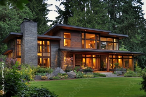 Stunning modern mountain home with large windows and stone fireplace surrounded by lush greenery