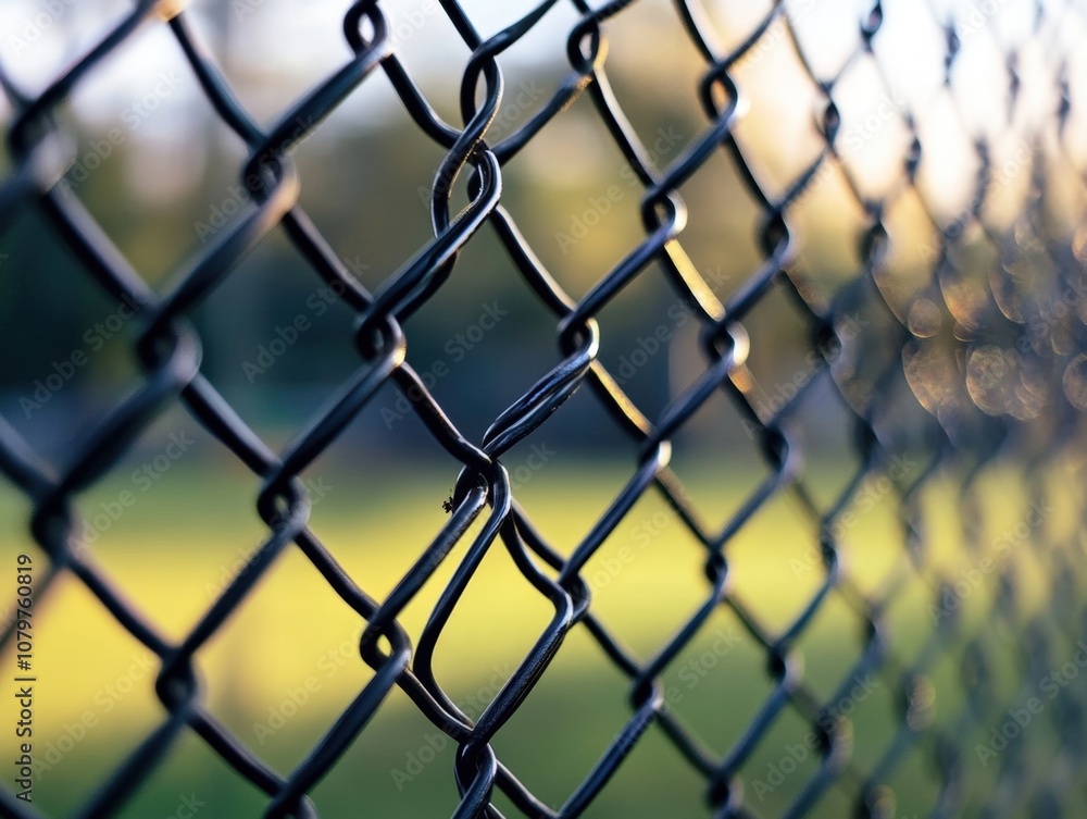 Naklejka premium Close-up of a metal wire fence with a blurred natural background