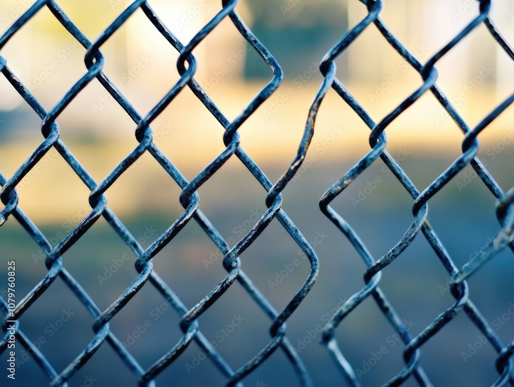 Fototapeta premium Close-up view of a rusted metal wire fence against a blurred natural background