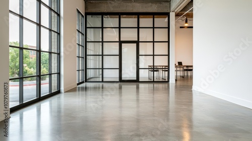 Open office area with steelframed glass walls, exposed concrete floors, and minimalist metal furniture   open office, glass partitions photo