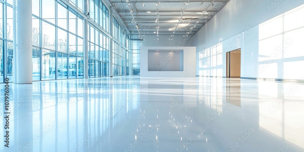 A clean and minimal showroom background with polished white floors, empty walls, and large windows letting in natural light. A clean and minimal showroom background with polished white floors, empty walls, and large windows letting in natural light.