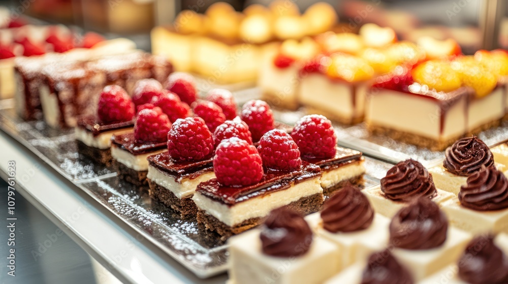 Delicious Raspberry Cakes Displayed on a Silver Tray Delicious Raspberry Cakes Displayed on a Silver Tray
