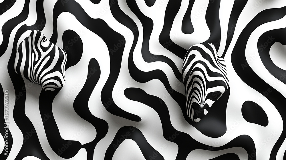 Abstract black and white pattern with two 3D objects. Abstract black and white pattern with two 3D objects.