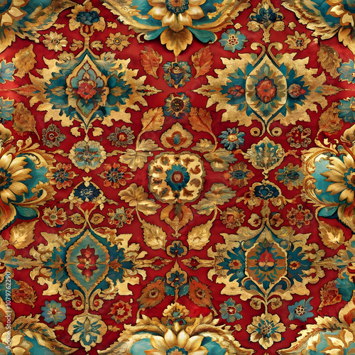 19th-Century Antique Carpet Style Seamless Pattern in Deep Reds and Gold. Perfect for: Historical reenactments, antique furniture shows, cultural festivals