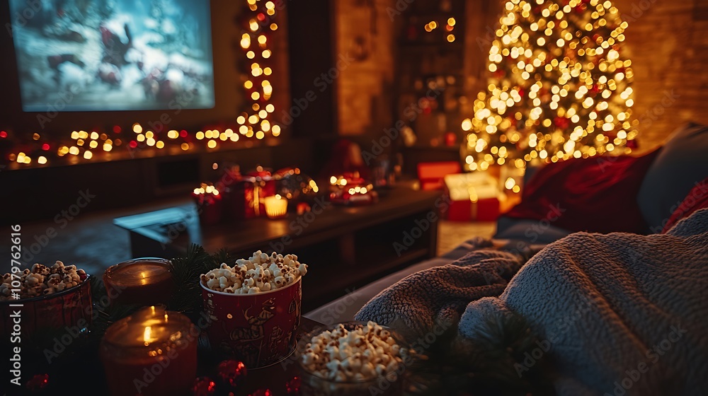 A festive movie night scene, living room with a plush sofa and holiday-themed decor, big screen playing a classic Christmas movie, illuminated Christmas tree, A festive movie night scene, living room with a plush sofa and holiday-themed decor, big screen playing a classic Christmas movie, illuminated Christmas tree,