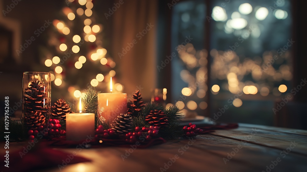 Fototapeta premium A romantic Christmas dinner table setting for two, adorned with flickering candles and soft lighting, a festive centerpiece of pine cones and red berries,