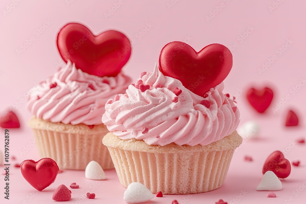 Saint Valentines Day background. Cupcake or tartlet with pink meringue cream decorated with two big red hearts, love symbol, and small heart shape candies. with generative ai Saint Valentines Day background. Cupcake or tartlet with pink meringue cream decorated with two big red hearts, love symbol, and small heart shape candies. with generative ai
