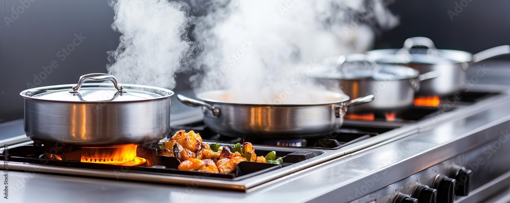 A modern kitchen scene featuring steaming pots and pans on a professional stove, showcasing vibrant ingredients being cooked to perfection. A modern kitchen scene featuring steaming pots and pans on a professional stove, showcasing vibrant ingredients being cooked to perfection.