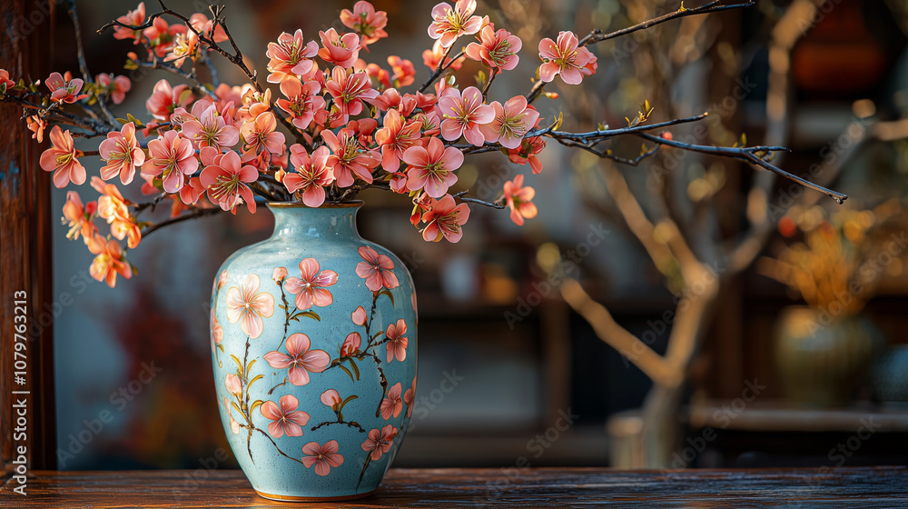 Peach Blossoms in a Blue Vase: A serene image of delicate peach blossoms arranged in an antique blue porcelain vase, adorned with a floral pattern, resting on a wooden surface. The soft. Peach Blossoms in a Blue Vase: A serene image of delicate peach blossoms arranged in an antique blue porcelain vase, adorned with a floral pattern, resting on a wooden surface. The soft.