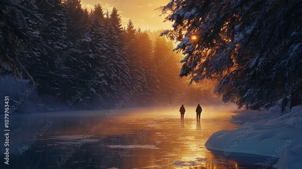 Serene winter landscape with two people walking on a frozen lake at sunset Serene winter landscape with two people walking on a frozen lake at sunset