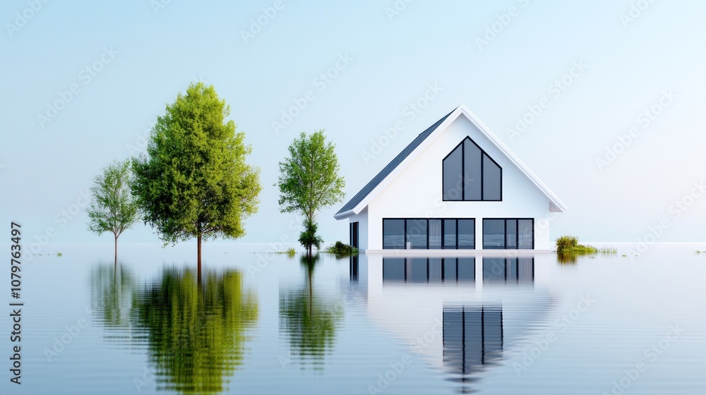 A house surrounded by floodwaters with trees in the background. A house surrounded by floodwaters with trees in the background.