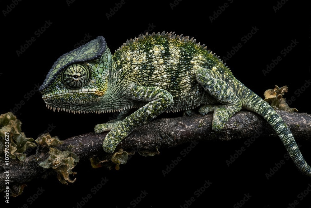 Fototapeta premium Close-up of a vibrant green chameleon with intricate patterns and a sharp gaze