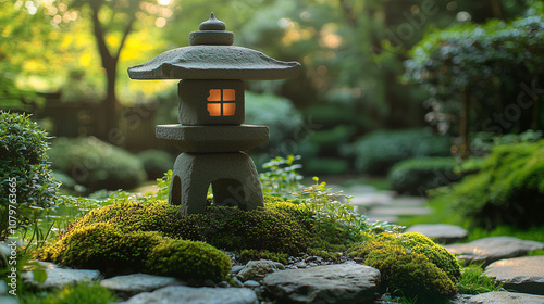 Serene Stone Lantern in Mossy Garden: A tranquil scene of a stone lantern glowing softly amidst lush moss and stepping stones in a Japanese-style garden. The warm light creates a peaceful atmosphere.