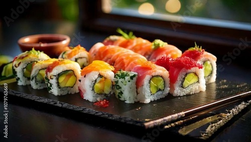 An assortment of colorful sushi rolls with fresh fish, avocado, and vibrant garnishes, serve