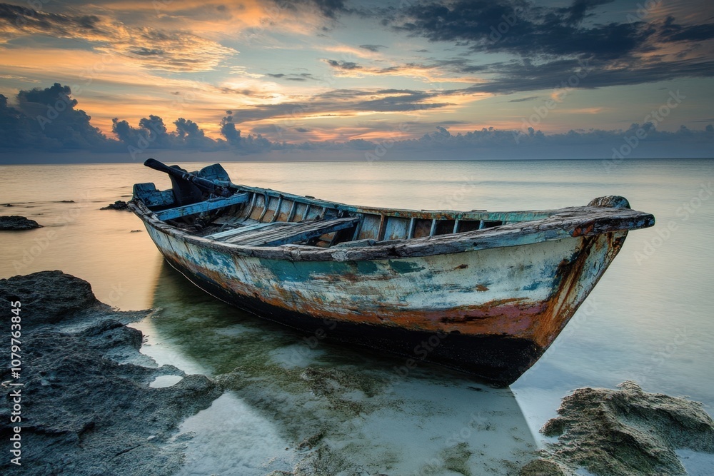 Weathered wooden boat on a beach at sunset. Weathered wooden boat on a beach at sunset.