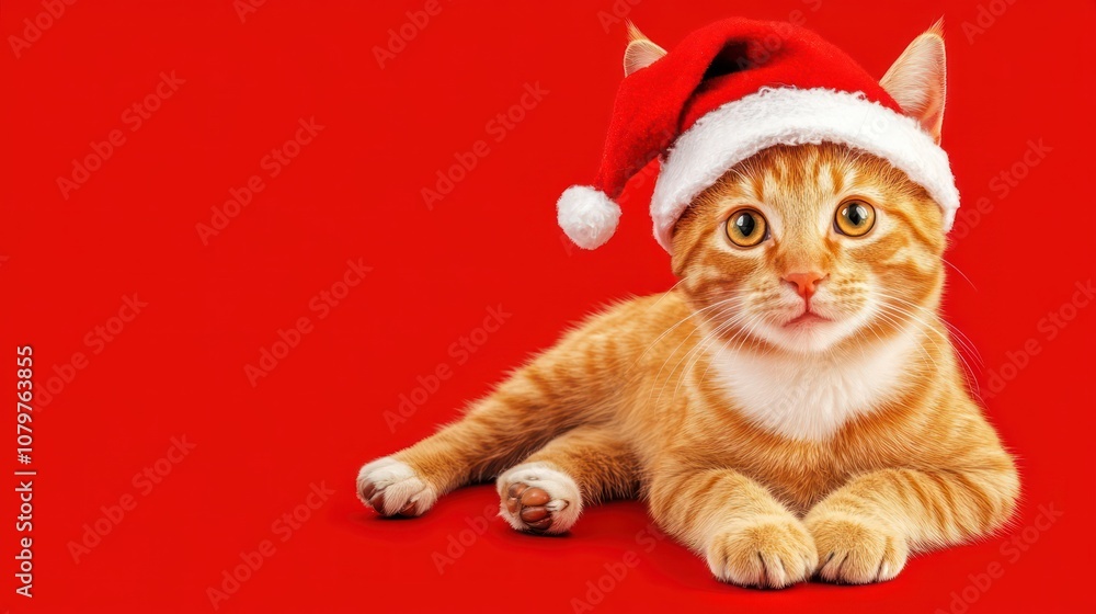 A festive orange cat wearing a Santa hat against a red background. A festive orange cat wearing a Santa hat against a red background.
