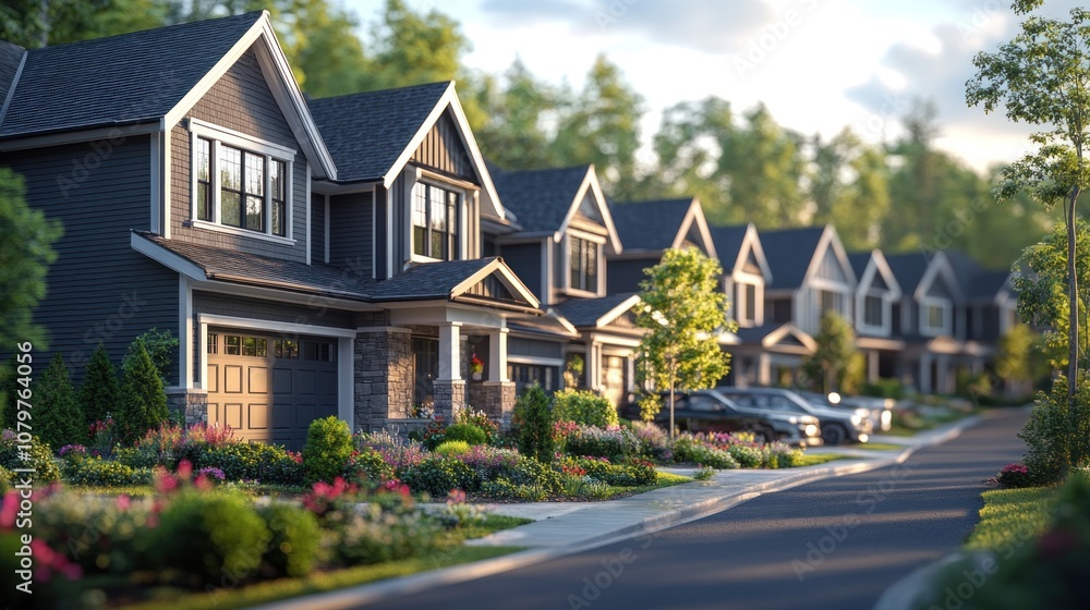 Charming suburban neighborhood with landscaped homes and gardens. Charming suburban neighborhood with landscaped homes and gardens.