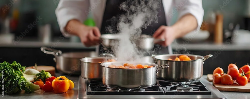 Professional stovetop with multiple pots simmering Professional stovetop with multiple pots simmering