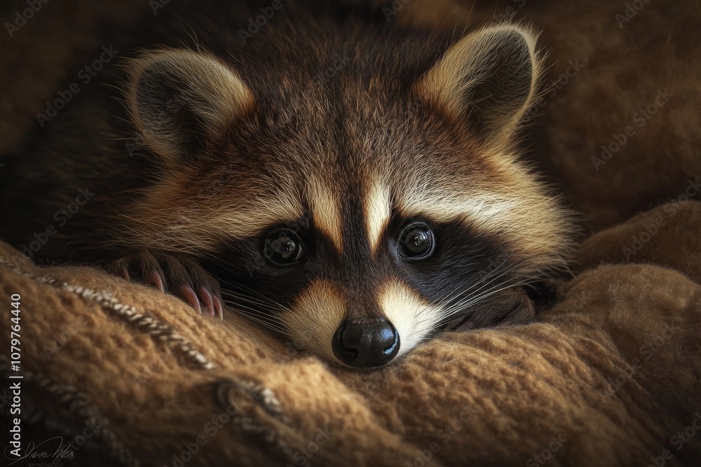 Curious raccoon peeking out from behind a cozy blanket Curious raccoon peeking out from behind a cozy blanket