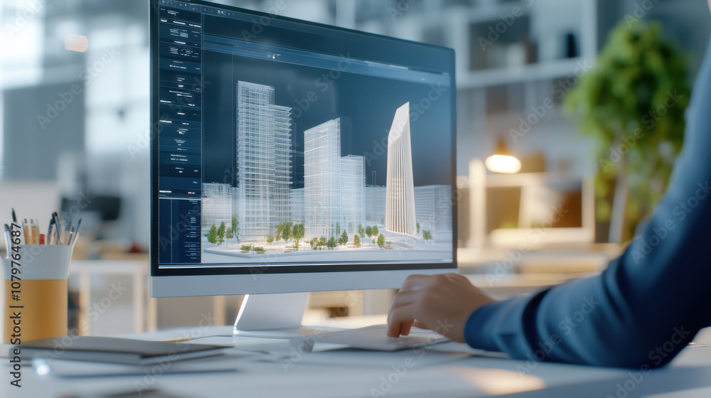 Creating architectural designs on computer screen, showcasing modern buildings and urban planning. workspace is bright and organized, reflecting creativity and innovation Creating architectural designs on computer screen, showcasing modern buildings and urban planning. workspace is bright and organized, reflecting creativity and innovation