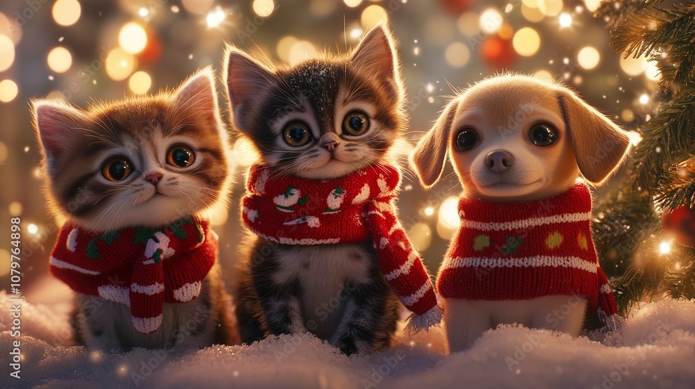 Adorable Kittens and Puppy in Winter Wonderland Adorable Kittens and Puppy in Winter Wonderland