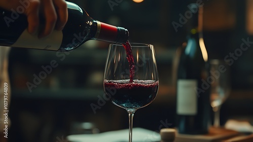 A sommelier pouring a glass of red wine, the rich color of the wine flowing from the bottle and filling the glass with the perfect amount of pour.